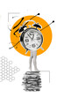 © Mercedes Fittipaldi - Ilustración de collage de una imagen de reloj despertador caminando con unas piernas de mujer sobre un fondo blanco y un círculo anaranjado. Vista de frente y de cerca. Copy space. Formato vertical