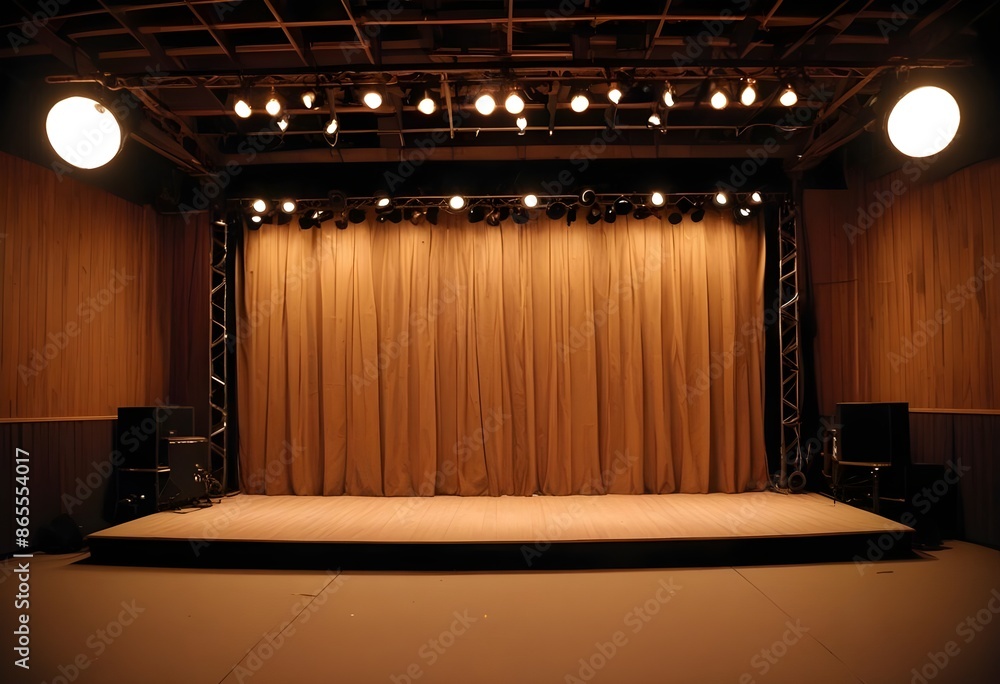 Empty wooden theater stage with a lot of spotlights for exhibition ...