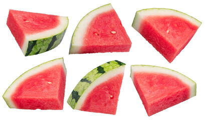 Wall Mural - Set of watermelon triangle slices without seeds isolated on white background. Clipping path.