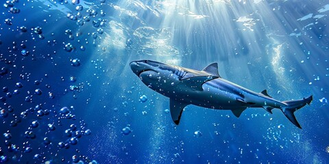 Wall Mural - Shark swimming underwater marine life with bubbles and sunlight in blue deep waters, wide banner of marine life with copy space. Generative ai