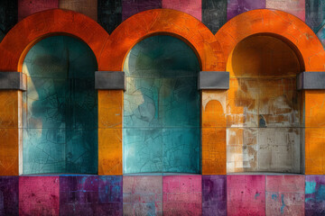Fototapete - Abstract geometric pattern with oversized squares and rectangles, accented by arches in purple, orange, and turquoise,