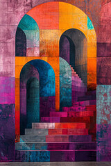Fototapete - Modern geometric art with oversized squares and rectangles interwoven with arches in a palette of purple, orange, and turquoise,