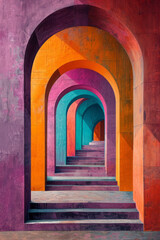 Fototapete - Modern geometric art with oversized squares and rectangles interwoven with arches in a palette of purple, orange, and turquoise,