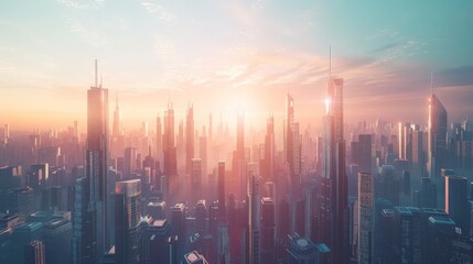 Futuristic cityscape with tall skyscrapers and a hazy sunrise. Modern metropolis and urban development concept