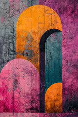 Aufkleber - Contemporary abstract pattern with large squares, rectangles, and sweeping arches in purple, orange, and turquoise,