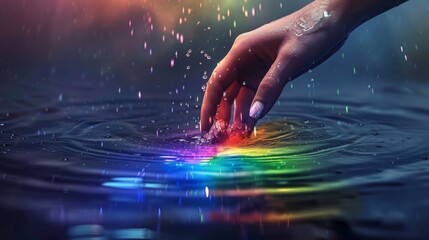 Close up 3d illustration of woman s hand creating vibrant rainbow ripples in water