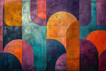 Fototapete - Contemporary geometric pattern with oversized squares and rectangles, complemented by smooth arches in shades of purple, orange, and turquoise,