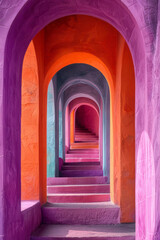 Fototapete - Stylish geometric composition of large squares and rectangles, highlighted by smooth arches in vibrant purple, orange, and turquoise,