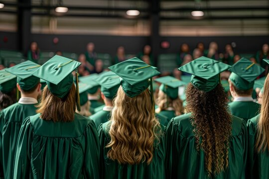 back view of group of students in green graduation gown and cap standing together, celebrating graduation
