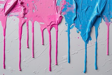 A painting of two colors, pink and blue, with a white background. The colors are splattered and the painting appears to be abstract