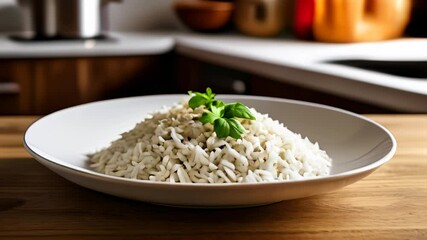 Poster -  Deliciously simple  A bowl of white rice garnished with a fresh basil leaf