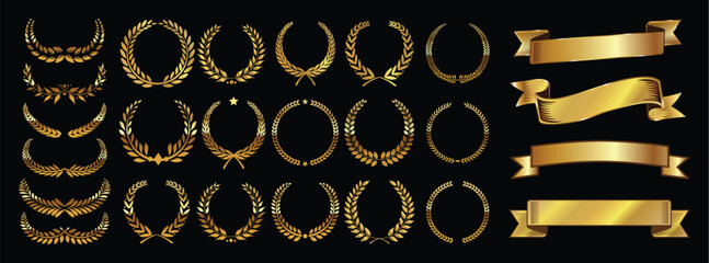 Wall Mural - Set of golden laurel wreaths and ribbons. luxury golden ornaments