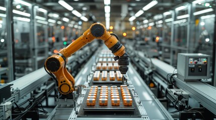 Futuristic robotic arm assembling products in sleek factory setting