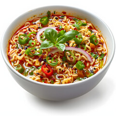 bowl of instant noodles with pepper and onion on table, asian food isolated on white background, detailed, png