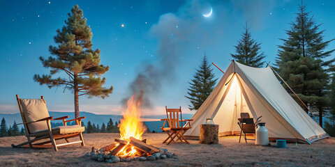 beautiful campfire near camping chairs and tent in forest
