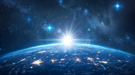 Wall Mural - background of the earth with blue light rays and stars in space, planet earth with glowing sun star 