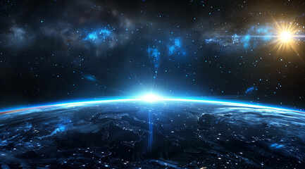 Wall Mural - background with blue glowing light, earth on the bottom center of picture, black background, starry 