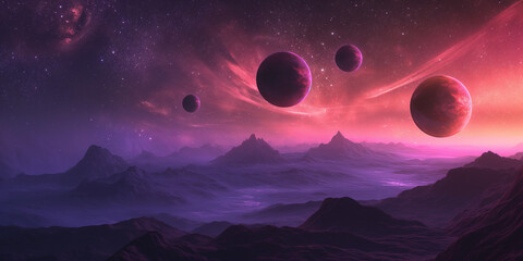 Wall Mural - beautiful fantasy landscape with three planets in the sky, in the style of a fantasy digital art sty