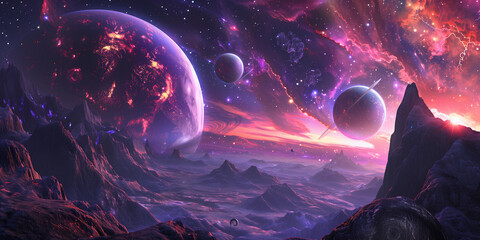 Wall Mural - three planets in the sky, a blue planet on the left side, an orange and red universe behind it