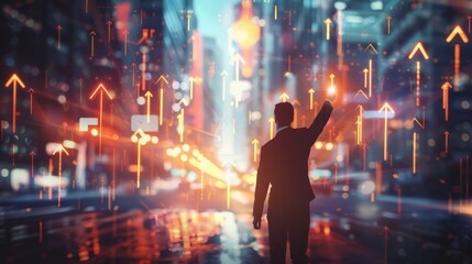 Wall Mural - Businessman pointing at glowing arrows in a futuristic city. Concept of growth, success, and financial planning