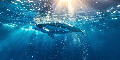 whale swimming underwater underwater marine life with bubbles and sunlight in blue deep waters, wide banner of marine life with copy space. Generative ai