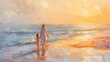 © jechm - Oil painting mother and Child Walking on the Beach at Sunset. Impressionism