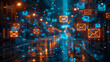 © Super Stocks - A background of digital blue and black glowing email icons floating in the air, symbolizing technology's impact on global communication.