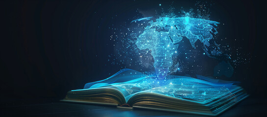 A digital book with a glowing blue holographic world map emerging from it, representing global online education