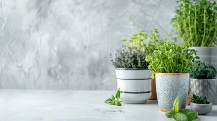 Wall Mural - Organic Herbs on White Table with Potted Plants Minimalistic Culinary Concept