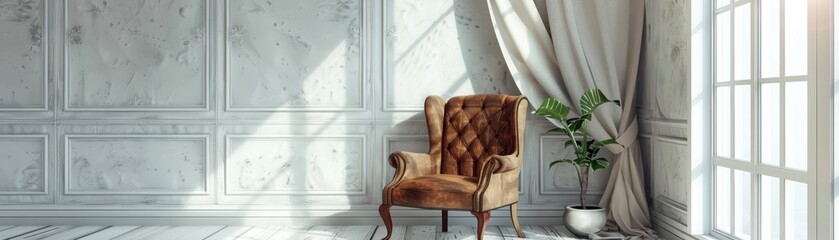 Wall Mural - Vintage armchair against white wall and big window with curtain Space