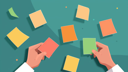 Hands arranging colorful sticky notes on a green surface