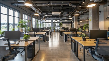 Aufkleber - Spacious open office with multiple desks, large windows, and potted plants, promoting a bright and productive work environment. Concept of modern office design