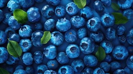 Wall Mural - Fresh juicy blueberries with green leaves. Useful berry, organic product, antioxidant, vitamins.