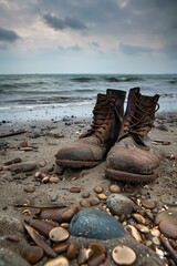 Wall Mural - Vintage military boots on normandy beach