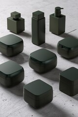 Wall Mural - Minimalist dark green cosmetic containers on gray surface