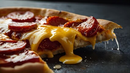 Wall Mural - A slice of pepperoni pizza with melted cheese dripping from it