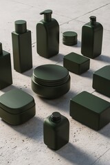 Wall Mural - Dark green cosmetic containers on concrete surface