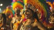 © Prostock-studio - A woman in a colorful costume with feathers and sequins smiles brightly during a carnival parade at night. The background is filled with lights and other revelers.