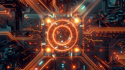 Wall Mural - Futuristic technology computer chip with a blue and orange design