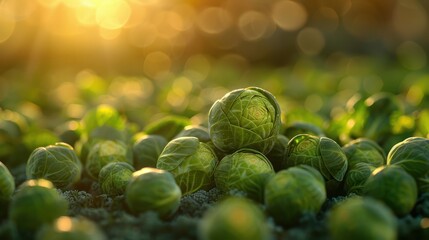 Wall Mural - Close up of fresh and natural Brussels sprouts in the greenhouse