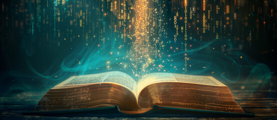 An open book with a glowing digital globe, symbolizing global knowledge and technology.