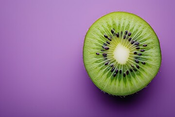 Poster - Close-Up of a Fresh Kiwi Slice on a Vibrant Purple Background