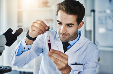 Poster - Man, scientist and blood sample in laboratory for test of disease, medical research and diagnostic study for virus. Male doctor, hemoglobin and pathology investigation for clinical trial and analysis