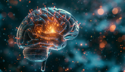 3D render of a glowing brain with neurons and clean background, close up view, high resolution photography, insanely detailed with fine details.