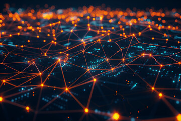 3D rendering of glowing network connections on a dark background, with orange and blue light effects.