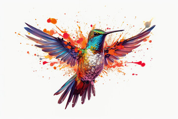 Wall Mural - A colorful hummingbird is flying in the air with its wings spread wide.