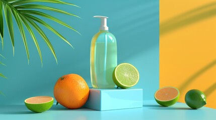 Poster - Mockup of shampoo or shower gel on square podium with nearby orange and lime