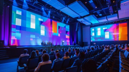 Wall Mural - a large audience sits in a conference room listening to a speaker on stage. the stage features a col