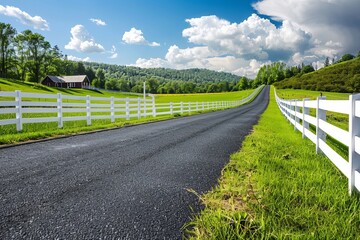 Wall Mural - Scenic countryside view  asphalt road with white fence and house in the background