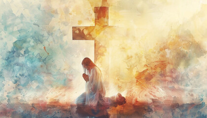 Wall Mural - A beautiful woman kneeling in prayer, she is wearing a long white dress and has very long hair that flows down to the ground. Young woman kneeling and looking at the cross in the sky.